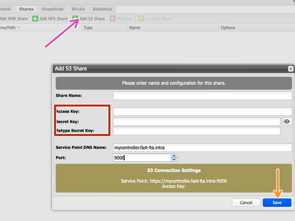 
Wechseln Sie in den Bereich &bdquo;Shares&ldquo; Ihres Volume und erstellen Sie einen neuen S3 Share
