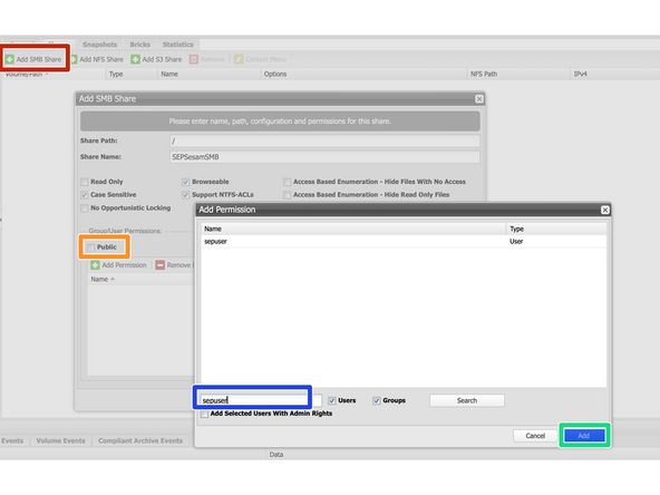 
Navigieren Sie in Ihrem neu erstellten Volume zu Freigaben und erstellen Sie eine neue Freigabe mit der Schaltfl&auml;che &bdquo;SMB-Freigabe hinzuf&uuml;gen&ldquo;
